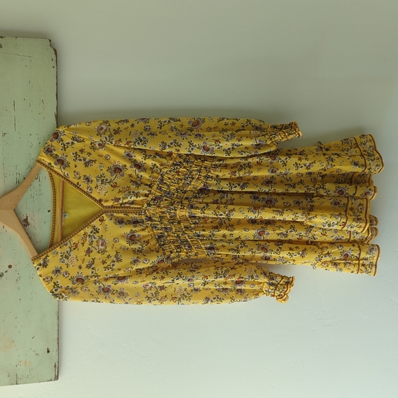 MAX STUDIO I V-Neck Long Sleeve Smocked Yellow Floral Flutter Mini Dress, S - Picture 2 of 13